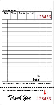 1-part book paper guest check